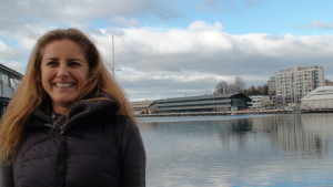 Larelle at Hobart waterfront, giving an interview.